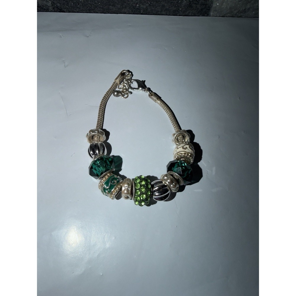 Green Crystal Charm Bracelet Silver Tone European Bead lobster clasp